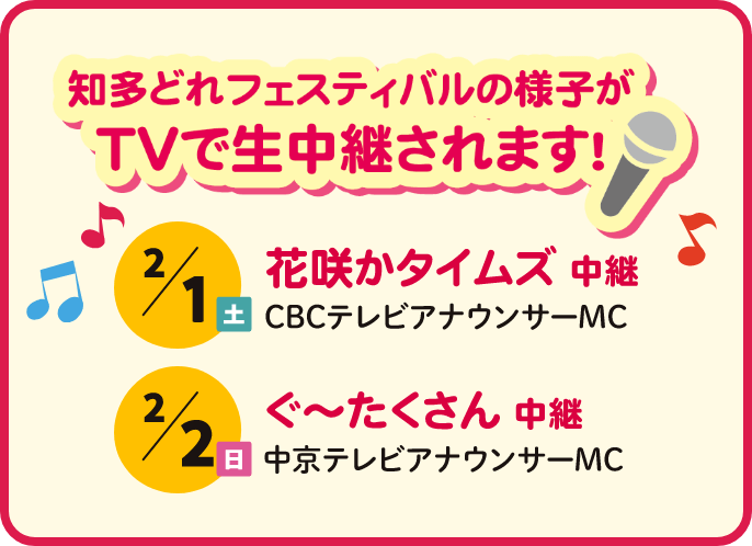 知多どれフェスティバルの様子がTVで生中継されます! 2/1（土）花咲タイムズ中継 CBCテレビアナウンサーMC 2/2（日）ぐ〜たくさん中継 中京テレビアナウンサーMC